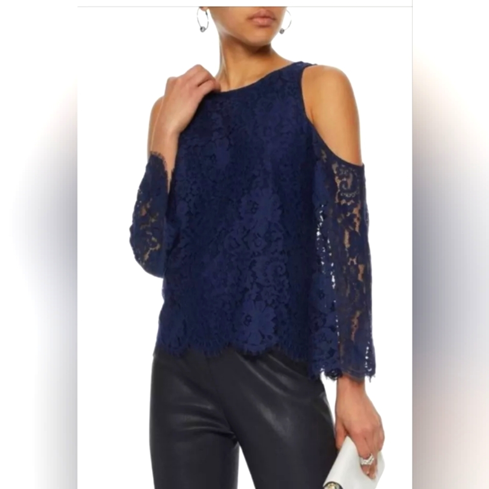 Joie Blouse Blue Lace Cold Shoulder Long Sleeve Nylon Cotton Blend Size …